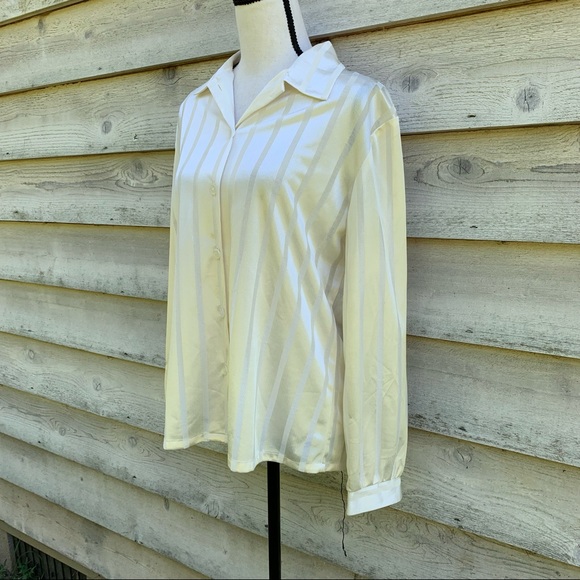 Vintage 90s Ivory White Striped Long Sleeve Collared Button Down Semi Sheer Top - Picture 3 of 16